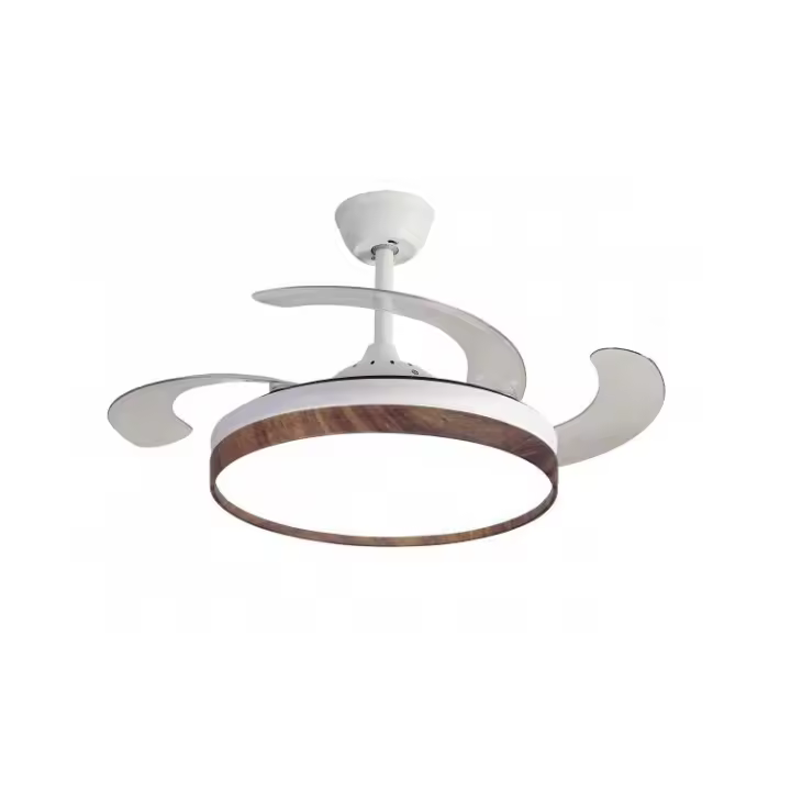 NARVI Ventilador de Techo retráctil color blanco con color madera Roble, 3 aspas transparentes , con luz LED Regulable , Motor DC, control remoto y Memoria. Referencia 6063 WDND. - 1
