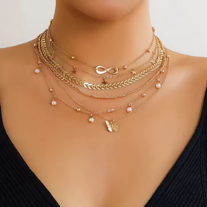 Set De 6 Collares Boho Con Símbolo Infinito Hoja Mariposa Para Mujer Imitación De Perla Vintage Cadena Delgada Joyería De Fiesta - 1