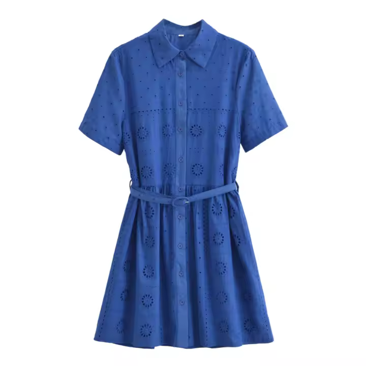 Vestido Casual De Verano Para Mujer PB&ZA A-Line Con Cinturón Hueco Y Bordado Manga Corta Estilo Suelto Sin Elasticidad - 1