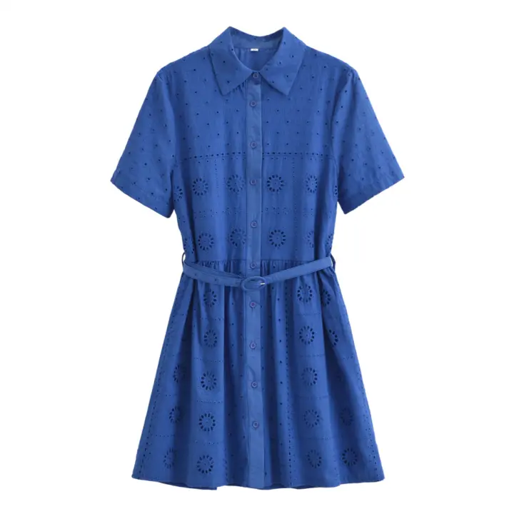 Vestido Casual De Verano Para Mujer PB&ZA A-Line Con Cinturón Hueco Y Bordado Manga Corta Estilo Suelto Sin Elasticidad - 1