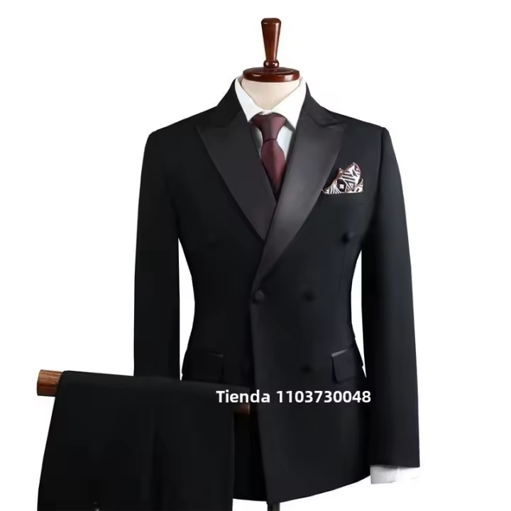 Traje De Boda Para Hombres Negro 3 Piezas Chaleco Pantalones Y Chaqueta Doble Filo Cuello En V Vestido Formal Slim Fit Traje De Novio - 1
