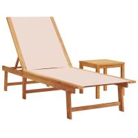vidaXL Tumbona con mesa madera maciza de acacia y textileno Negro, Crema, Gris Sillas de Exterior Ideal para jardín, playa, piscina, terraza Tumbona Piscina Tumbonas Playa Tumbonas Jardín Exterior - details 0