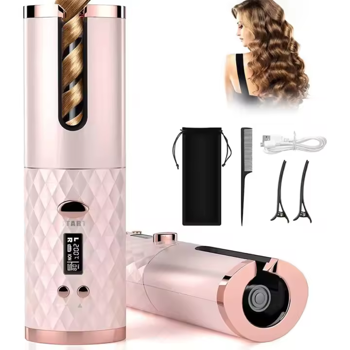 Rizador de pelo Automático sin cable-Con Pantalla LCD, temperatura 150 °C - 200 °C, calentamiento rápido, portátil (rosa) - 1