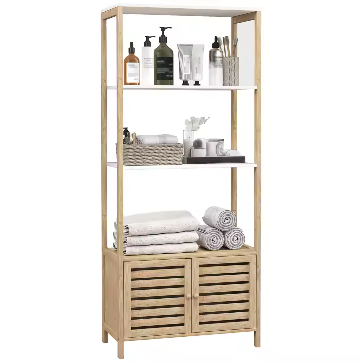 HOMCOM Mueble de Baño con 3 Estantes Mueble de Almacenamiento Alto de Bambú 1 Armario con Puertas de Lamas Base Elevada 63 x 30 x 138 cm Madera Natural y Blanco - 1