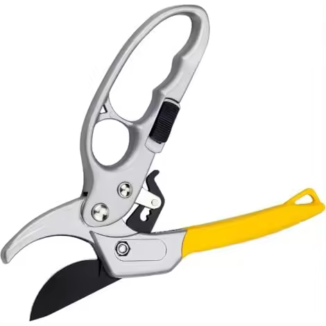 Tijeras de podar para jardín de 20,5 cm, tijeras de podar con trinquete y mango de goma para cortar tallos y ramas, Ø20 mm, color amarillo - 1