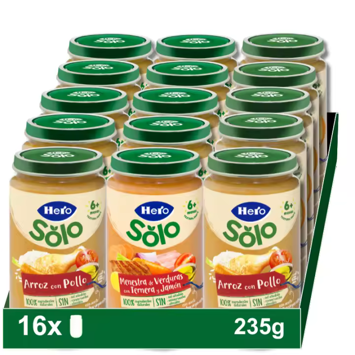 Hero Solo Pack Mixto Tarritos Carne 16x235gr ( Arroz Pollo y Menestra de Verduras con Ternera y Jamón) - 1