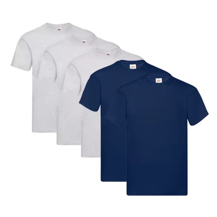 Fruit of the Loom Original - Camiseta Manga Corta para Hombre (Pack de 5 unidades) - 3 Gris Jaspeado / 2 Azul Marino - 1