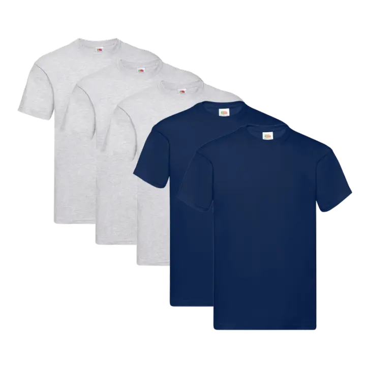 Fruit of the Loom Original - Camiseta Manga Corta para Hombre (Pack de 5 unidades) - 3 Gris Jaspeado / 2 Azul Marino - 1