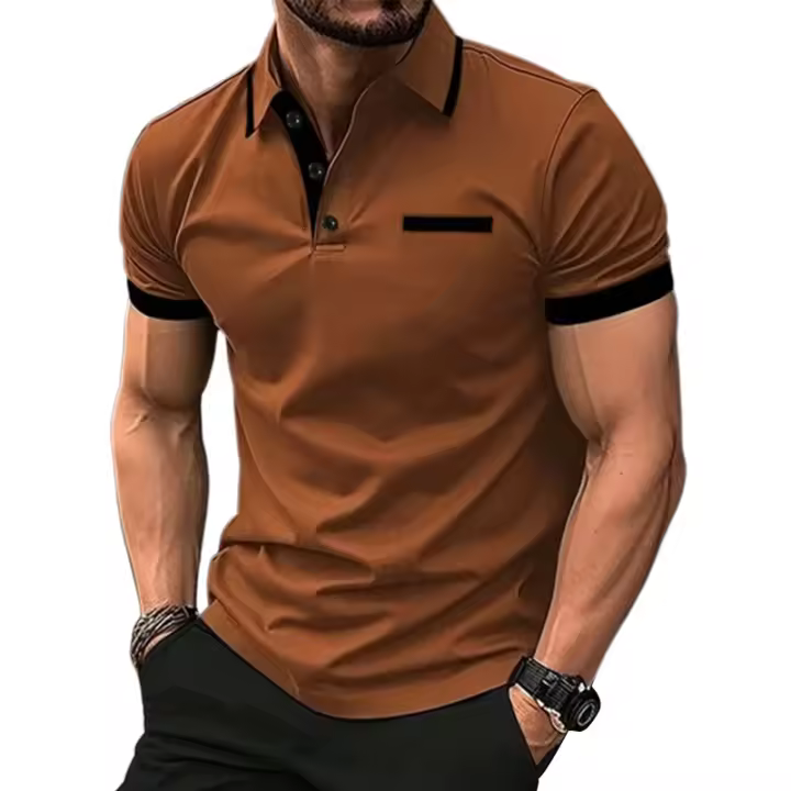 Camisa Polo Para Hombre Moda Negocios Casual Cuello Redondo Manga Corta Formal Rayas Patchwork Verano Negro Camiseta Ropa Hombre - 1