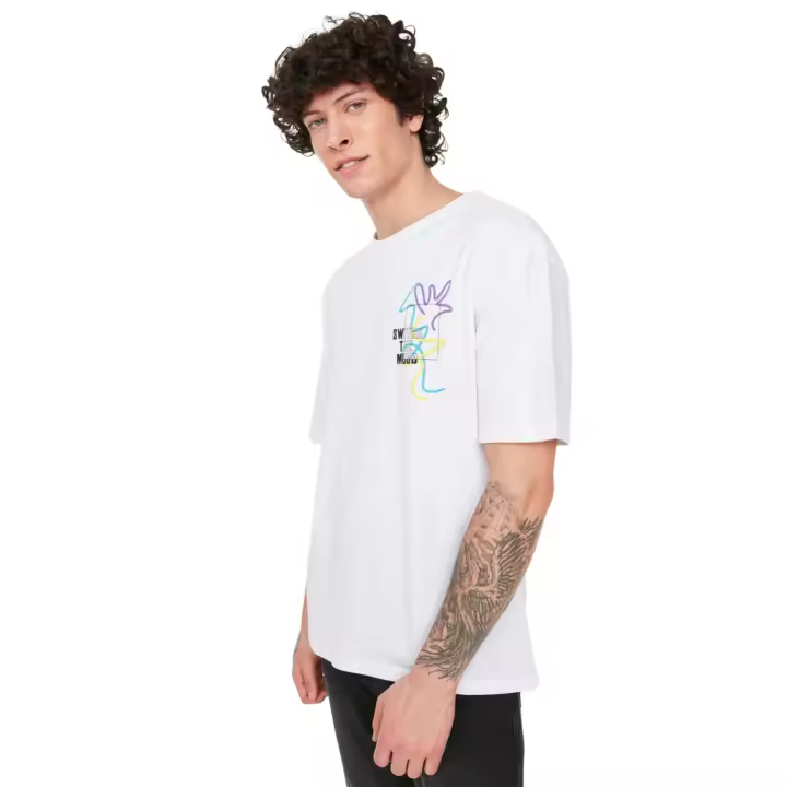 Trendyol Purple Oversize/Wide Cut Text Printed 100% Cotton T-Shirt Tmnss21Ts3438 - 1