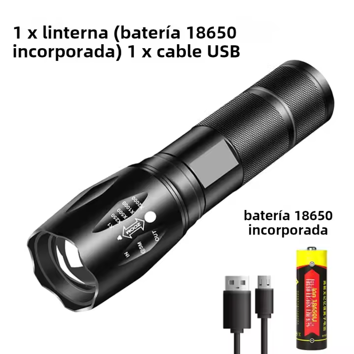 Linterna Táctica LED Potente De Aleación De Aluminio Recargable Por USB Para Camping Al Aire Libre Impermeable Con Distancia De Iluminación De 100-200 M - 1