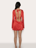 Vestido De Fiesta Corto Para Mujer Fantoye En Satén Con Encaje Espalda Descubierta Cuello En O Manga Larga Ajustado Para Club Nocturno - details 9