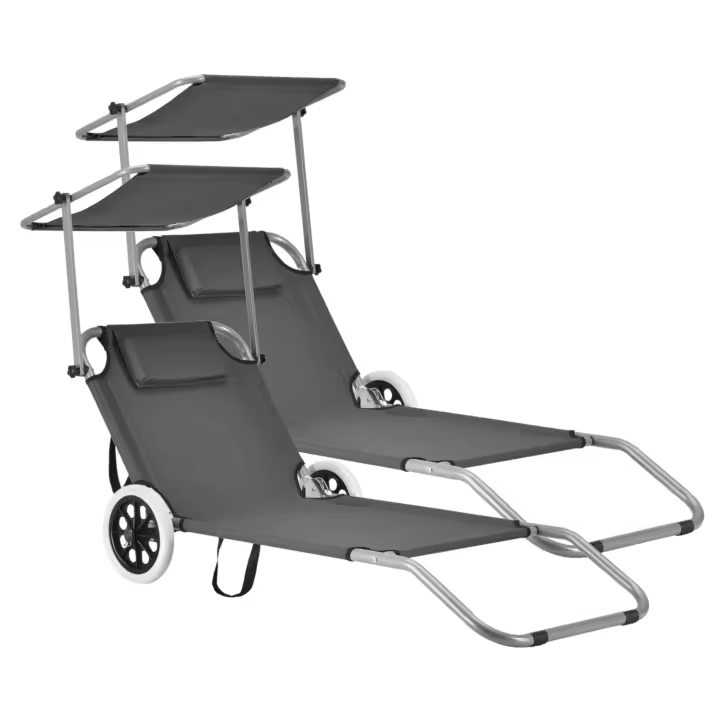 Set de 2x Tumbona con 2 Ruedas - 146 x 52 x 15 cm - Silla de playa con Parasol - Para jardín terraza patio piscina playa - Gris oscuro [casa.pro]® - 1