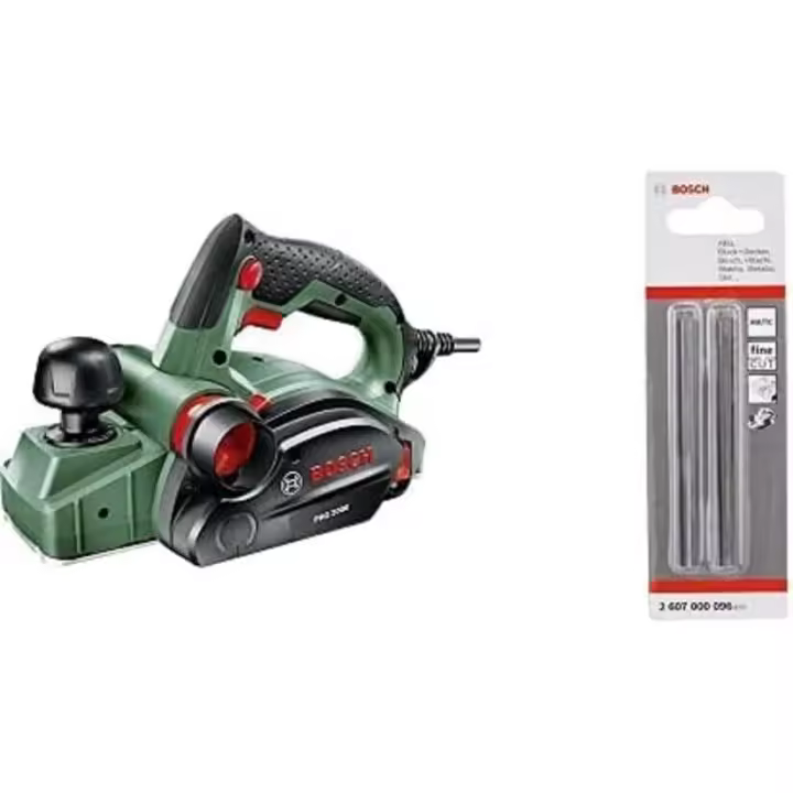 Bosch PHO 2000 - Cuchilla cepilladora, caja de cartón (680 W, ancho de cepillado 82 mm, profundidad de corte 0-2.0 mm, profundidad de rebaja 0-8 mm) + Cuchillas reversibles rectas HM 30º - 1