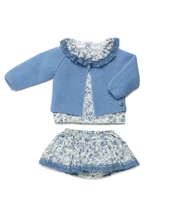 Juliana - Conjunto Tres Piezas Niña - Pelele Parte de Arriba Azul con Volante - Parte de Abajo Buhitos - Abotonado Entrepierna - 1