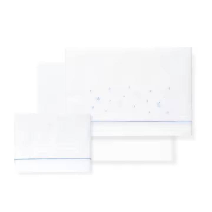 JOGO 3PCS BERÇO(LENÇO106X82+LENÇO COLCHÃO85X55X9+ALMOFADA50X30)-ALGODÃO-MOD.ESTRELLAS/LUNA-B/AZUL - 1
