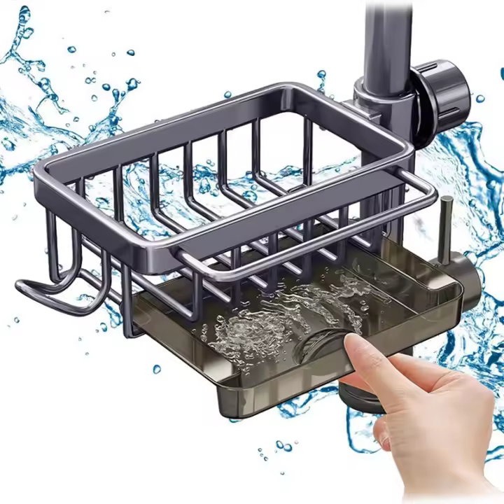 Organizador De Grifo De Cocina Estante De Almacenamiento Metálico Portajabón Y Esponja Con Filtro Cesta De Agua Ajustable Soporte Para Encendido Y Apagado - 1