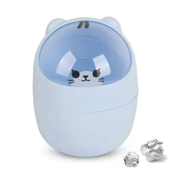 Lindo Bote de Basura de Mini Mesa, Bote de Basura en Forma de Gato de Dibujos Animados, Bote de Basura de Mini Mesa con Tapa oscilante, Bote de Basura pequeño (Azul) - 1