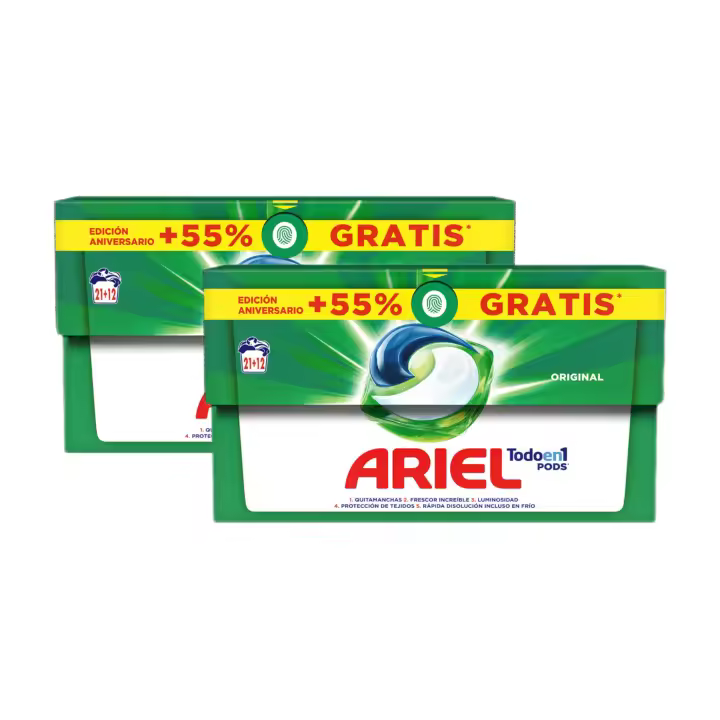 ARIEL Todo-en-1 Pack Ahorro de 2 cajas de 21+12 dosis gratis (66 dosis en total),detergente liquido - 1