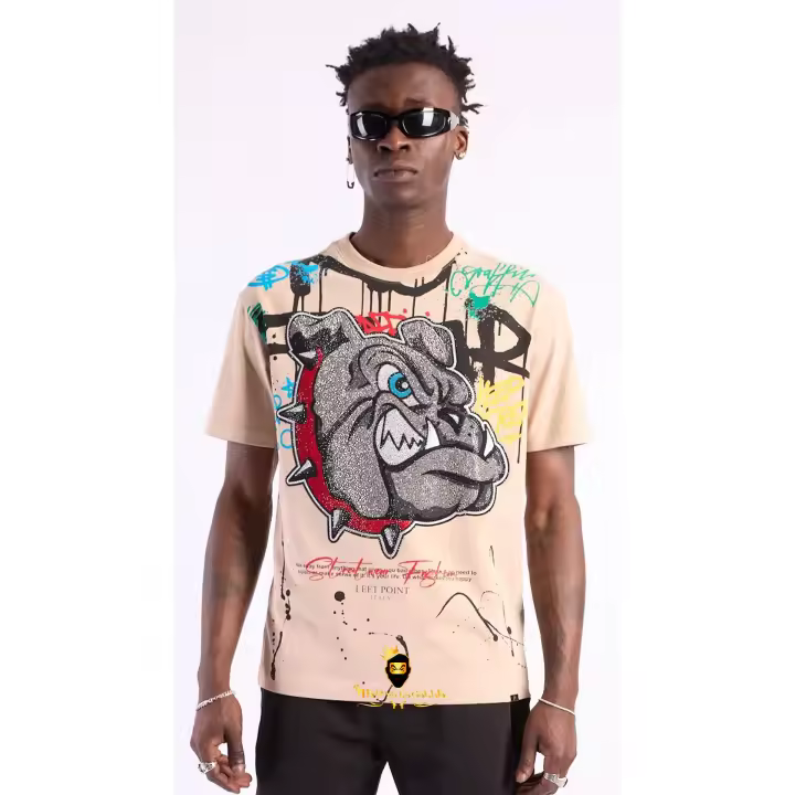 Camiseta Left Point Beige Pedrería Brillante Bulldog Collar Rojo - 1