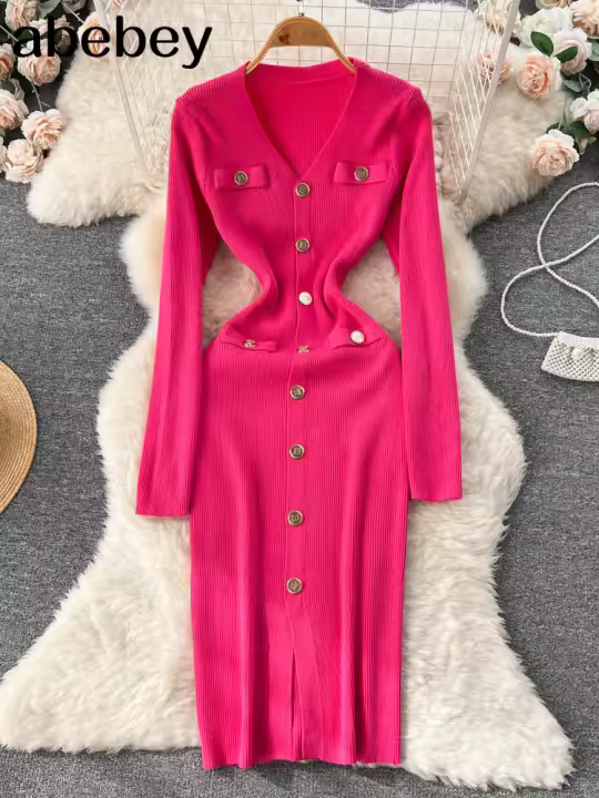 Vestido Midi De Punto Para Mujer Estilo Americano Solado V Neck Cintura Delgada Invierno 2024 Diseño De Abrasado Casual - 1