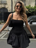 ZBZA Vestido Mini Chic Para Mujer Con Cintura Alta Y Mangas Spaghetti Estilo Balón De Punto De Poliéster Solado Sólido Con Patchwork - details 6