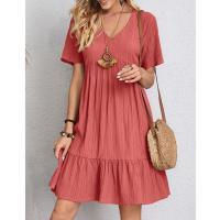 Vestido Casual De Verano Para Mujer Con Cuello En V Y Falda De Encaje Corto Manga Corta Color Sólido A-Line Longitud De Rodilla - details 0