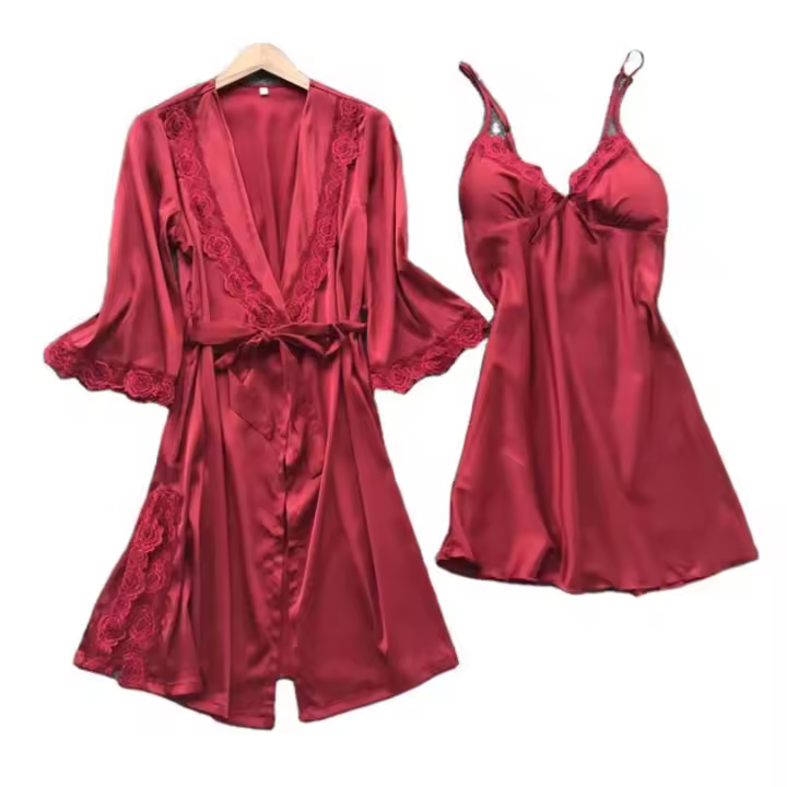 Conjunto De Pijamas Para Mujer Leepwear 2PCS Satinado Con Camisola De Encaje Y Bata De Noche V-Neck Longitud Pierna Completa Estilo Básico Para Novia - 1