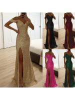 Vestido De Fiesta Casual Largo Con Abertura Y Lentejuelas Estilo Europeo Y Estadounidense Para Mujer Vestido Halter Sin Costuras De Verano Y Otoño - details 1