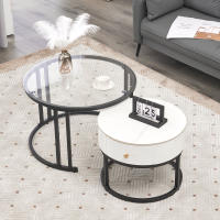 Juego de Mesa Centro Moderno en Blanco - 2 Piezas with Cristal Pulido, Tapa de Mármol Pizarra y Cajones de Madera Maciza | Top Venta para Salas con Estilo Minimalista y Funcionalidad - details 1
