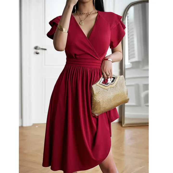 Vestido Elegante De Verano Con Cuello En V Y Manga Flor De Polyester Spandex A-Line Para Mujer Estilo Oficina Lady Longitud De Rodilla - 1