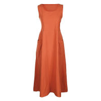 Vestido Sin Mangas De Algodón Y Lino Para Mujer Vestido De Verano Casual Cuello En V Largo Hasta La Rodilla Con Bolsillos - details 8