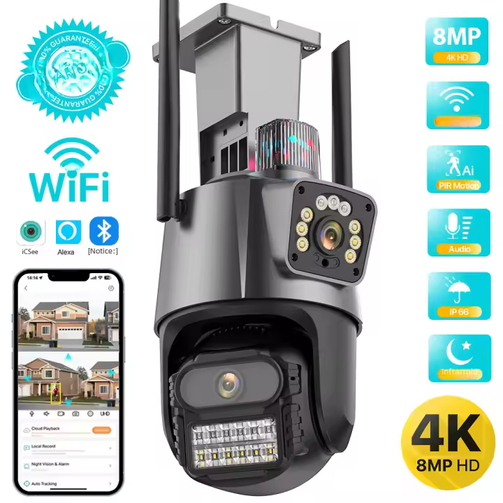 Cámara PTZ Wifi Exterior 4K 8MP HD Con Doble Pantalla Y Lente AI Seguimiento Automático Alarma De Luz Policial iCSee Para Seguridad Doméstica Y Vigilancia De Video 4MP - 1