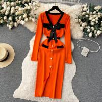 YuooMuoo Vestido Elegante Bodycon Para Mujer Con Cuello V Y Lazo Manga Larga Split Frontal Estilo Oficina Lady Chic Para Fiesta Y Trabajo - details 16