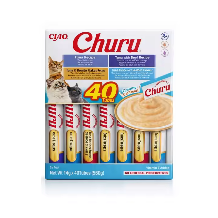CHURU Variedad de Atún (40x14 gr) - Snack Cremoso Húmedo Complementario para Gatos (Atún, Atún con Ternera, Atún con Virutas de Bonito y Atún con sabor a Marisco) - 1