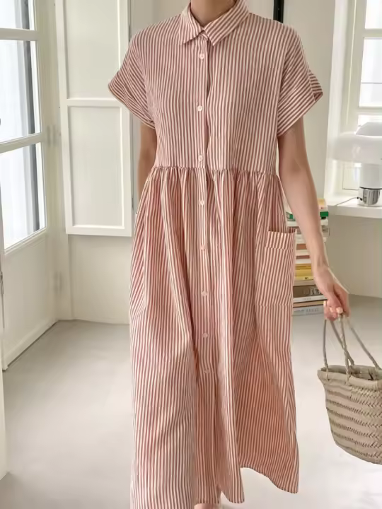 Vestido De Verano Vintage REALEFT Para Mujer Con Botones Y Bolsillos Estilo Coreano Casual Largo Hasta La Rodilla Traje De Trabajo - 1