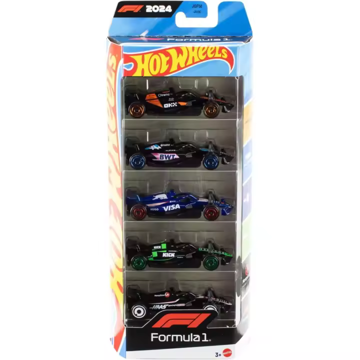 Hot Wheels Formula 1 Pack de cinco coches de carreras, vehículos de juguete coleccionables metálicos a escala 1:64 con decoraciones de equipos de F1 (Mattel JGF58) - 1