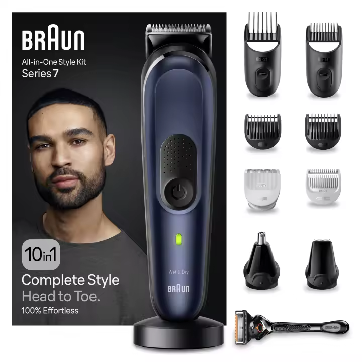 Braun Series 7 MGK7421 recortadora todo en uno, Kit 10 en1 para afeitado masculino, recorte de barba, depilación masculina, corte de pelo, nariz, orejas, lámina ultraafilada, base de carga, estuche, resistente al agua, recargable - 1