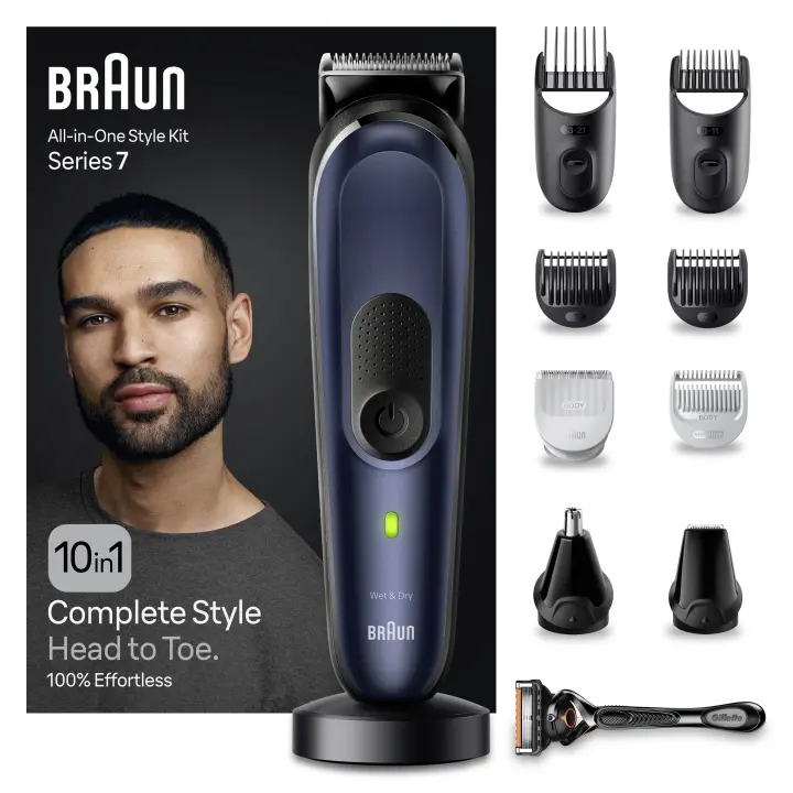 Braun Series 7 MGK7421 recortadora todo en uno, Kit 10 en1 para afeitado masculino, recorte de barba, depilación masculina, corte de pelo, nariz, orejas, lámina ultraafilada, base de carga, estuche, resistente al agua, recargable - 1