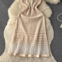 Vestido Midi Bodycon A-Line De Mujer Sin Mangas Patchwork Tejido Long Sundress Malla Elástica Estilo Callejero Verano 2024 - details 22