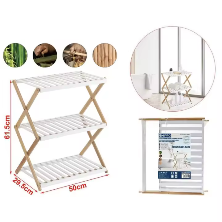 Estantería Plegable de Madera Marrón y Blanco - Multiuso - Estantería de bambú 3/4 baldas - 1