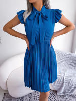 Vestido Elegante De Mujer Con Cintura Alta Y Volantes Para Primavera Y Verano Estilo Casual Collar Con Lazo Cuello Alto Y Mangas Batwing - details 3