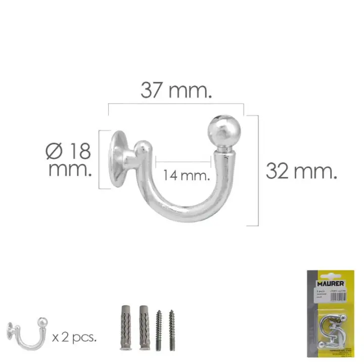 Gancho cromado atornillabe 37 mm. con tacos y tornillos (blister 2 piezas) - 1