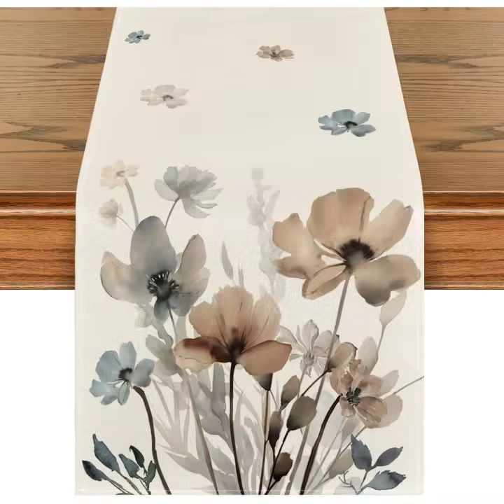 Brown Poppy Floral Leaves Spring Table Runner, Seasonal Summer Kitchen Dining Table Decoration for Home Party Decor 13x72 Inch - 1