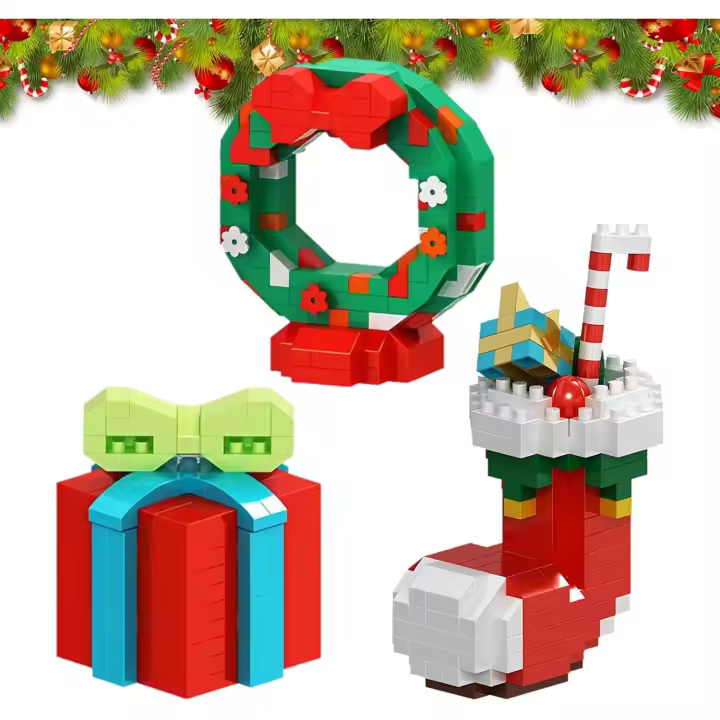 Bloques de construcción navideños, paquete de 3, corona navideña, calcetín, caja de regalo, bloques de construcción, juguetes ensamblados, bloques de construcción navideños ensamblados - 1