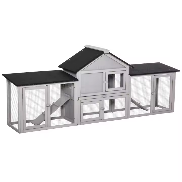 PawHut Conejera de Exterior Grande Jaula de Madera para 2-4 Conejos con Techo Asfáltico Recinto de Alambre Bandeja Extraíble y Rampas 210x45,5x84,5 cm Gris y Negro/Natural y Verde - 1
