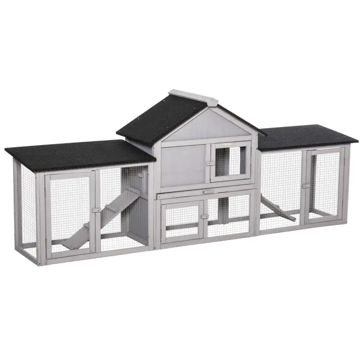 PawHut Conejera de Exterior Grande Jaula de Madera para 2-4 Conejos con Techo Asfáltico Recinto de Alambre Bandeja Extraíble y Rampas 210x45,5x84,5 cm Gris y Negro/Natural y Verde - 1