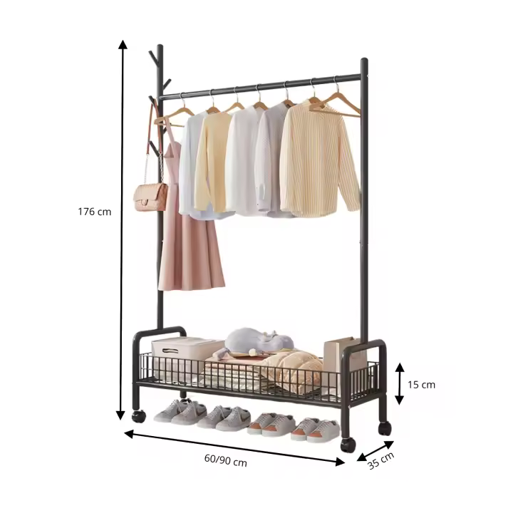 LUTODY - Perchero de pie burro metálico con ruedas, Zapatero, Cesto de almacenamiento para ropa, Zapatos, Bolsos y accesorios - Multifuncional para salón, dormitorio, sala de estar, recibidor y entrada - 1
