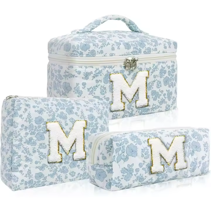 3 Pcs Travel Initial Quilted Makeup Bag set, Toiletry Personalized Floral Makeup Bag Birthday Gifts for teens girls and women, Cosmetic bags makeup organizer bag set-M - 1