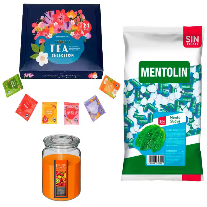 Pack bienestar: MENTOLIN MENTA SUAVE S/A BOLSA 1KG + Vela de Frutas Exóticas 510g  + Set de Te con 24 bolsitas con diferentes sabores y aromas - 1